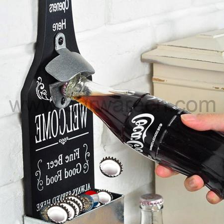 Abrebotellas personalizado de acero inoxidable para montaje en pared con respaldo de madera 